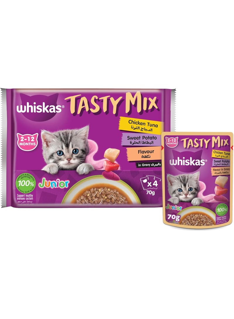 Whiskas Junior Tasty Mix Chicken Tuna & Sweet Potato Flavour In Gravy 2-12 Months 100% Balanced Nutrition 4X70G - Image 1
